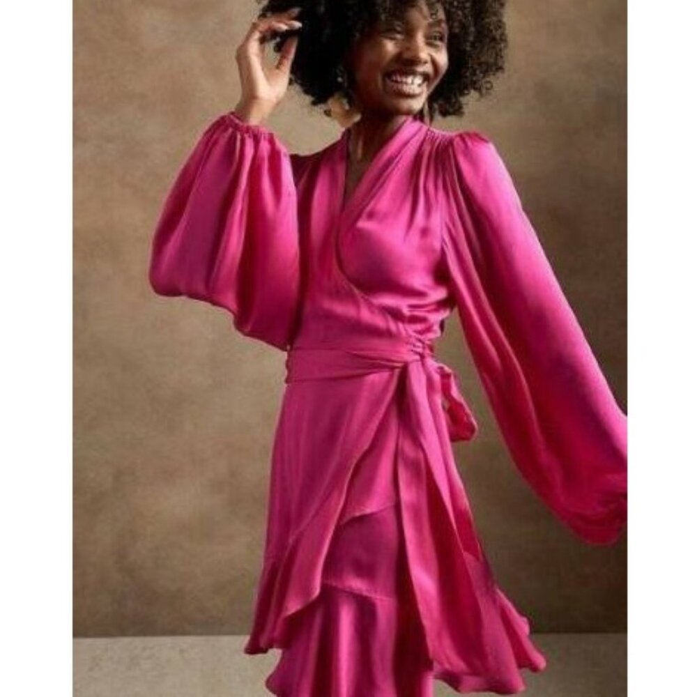 NWT Banana Republic Peony Pink Silky Satin Long Sleeve Ruffle Wrap Mini Dress M